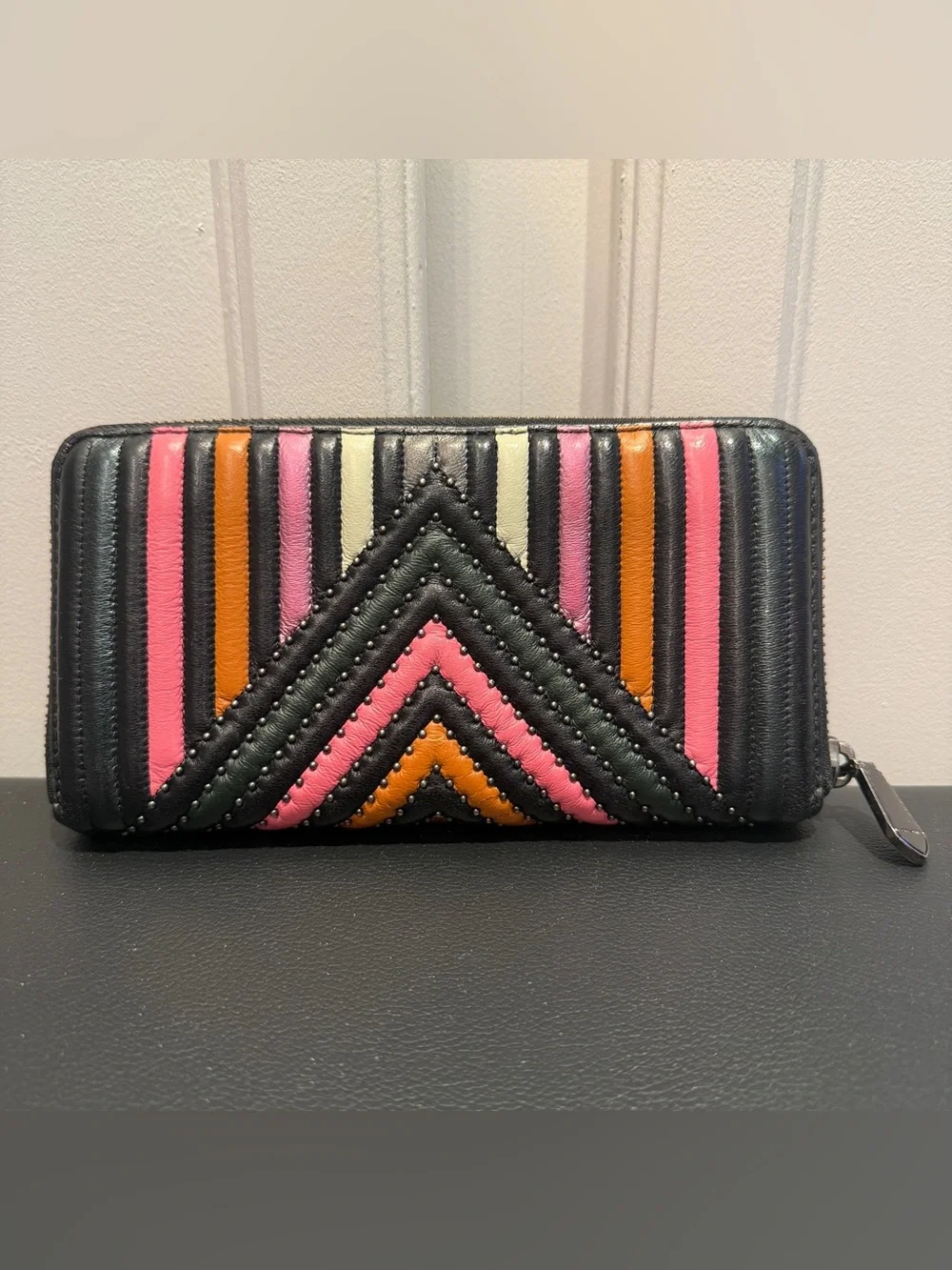 Rare Vintage EUC Coach Zip Long Wallet Quilted Colorblock & Rivets